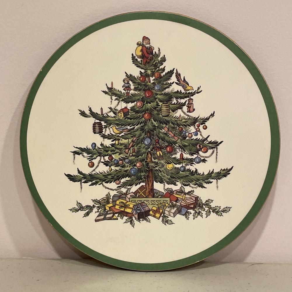 Vintage Spode Pimpernel Christmas Tree Trivet 8" Round Cork Backed
